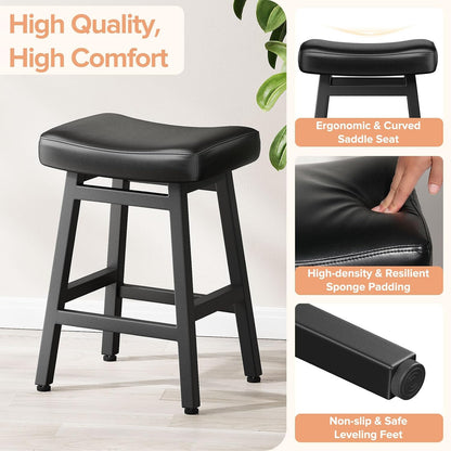 24 Inch Black Counter Height Bar Stools Set of 2 Bonded Leather Saddle Seats