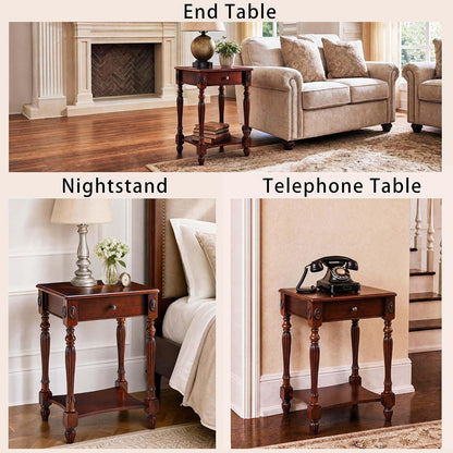Victorian Solid Wood End Table Cherry Walnut Nightstand with Drawer and Storage Shelf