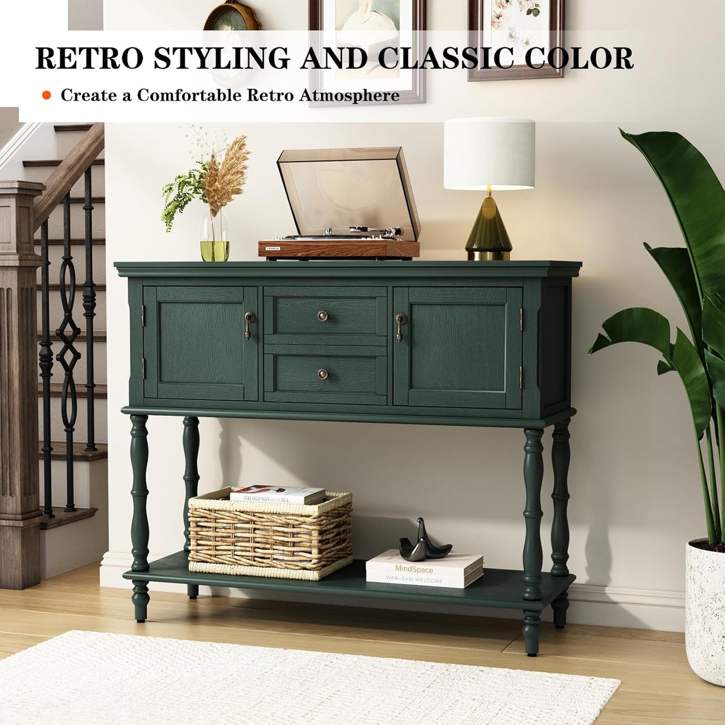 Vintage Green Console Table with 2 Drawers Cabinets and Open Storage Shelf