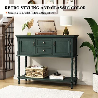 Vintage Green Console Table with 2 Drawers Cabinets and Open Storage Shelf