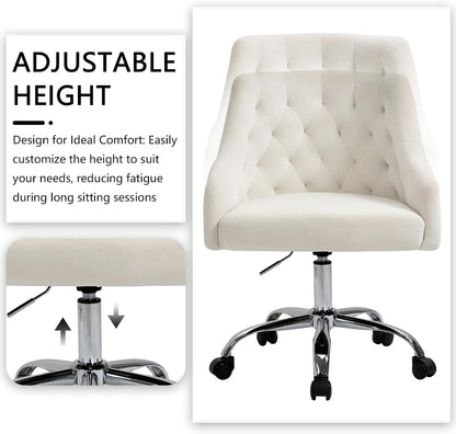 Ivory Velvet Office Chair Tufted Adjustable Swivel Vanity Chair with Wheels