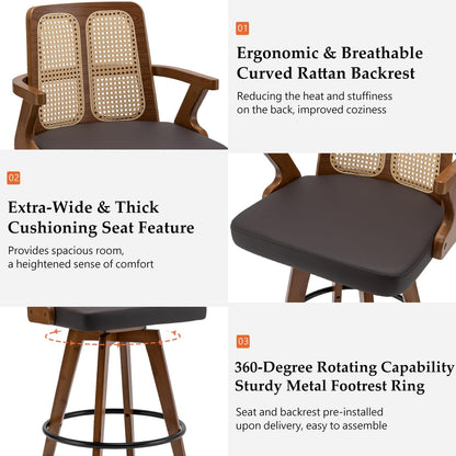 Walnut Rattan Swivel Bar Stools with Arms Beige Upholstered Seat Set of 2