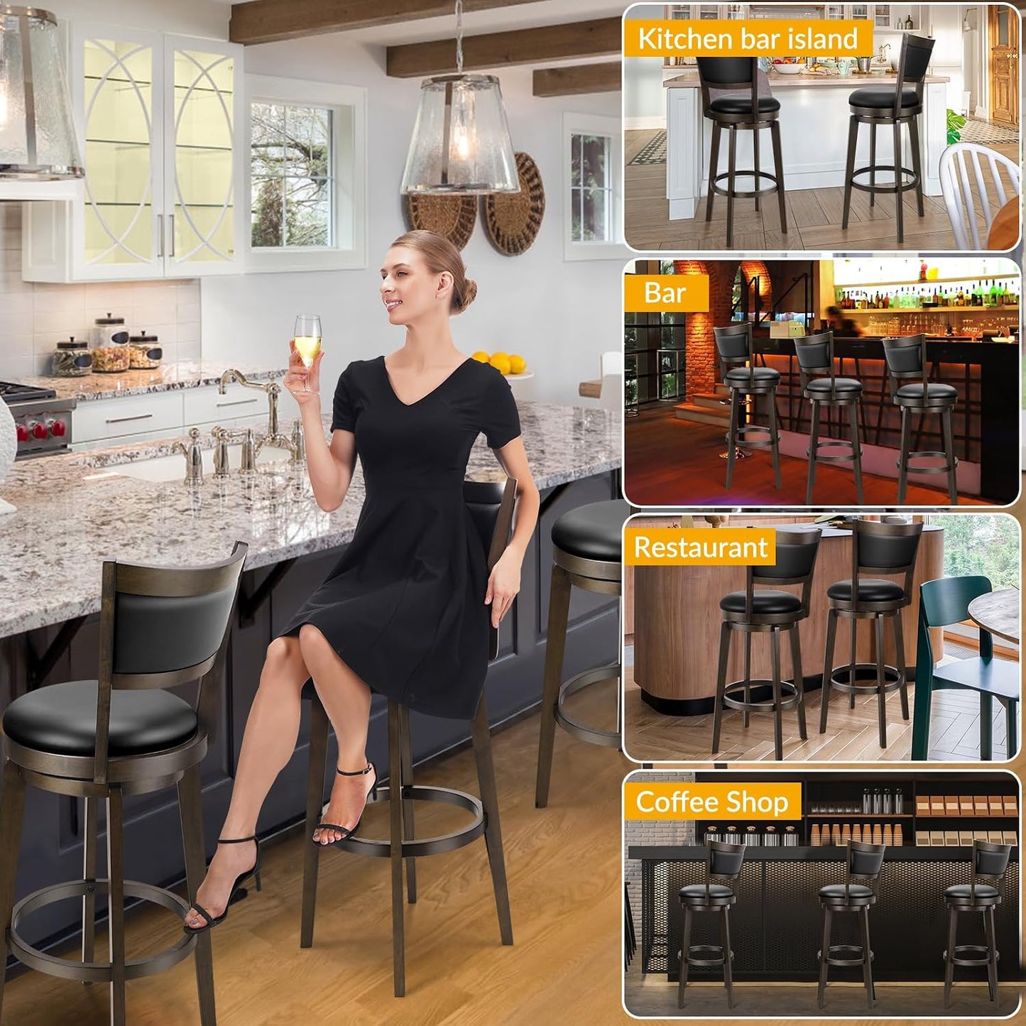 26 Inch Swivel Counter Height Bar Stool Black Faux Leather Solid Wood Frame