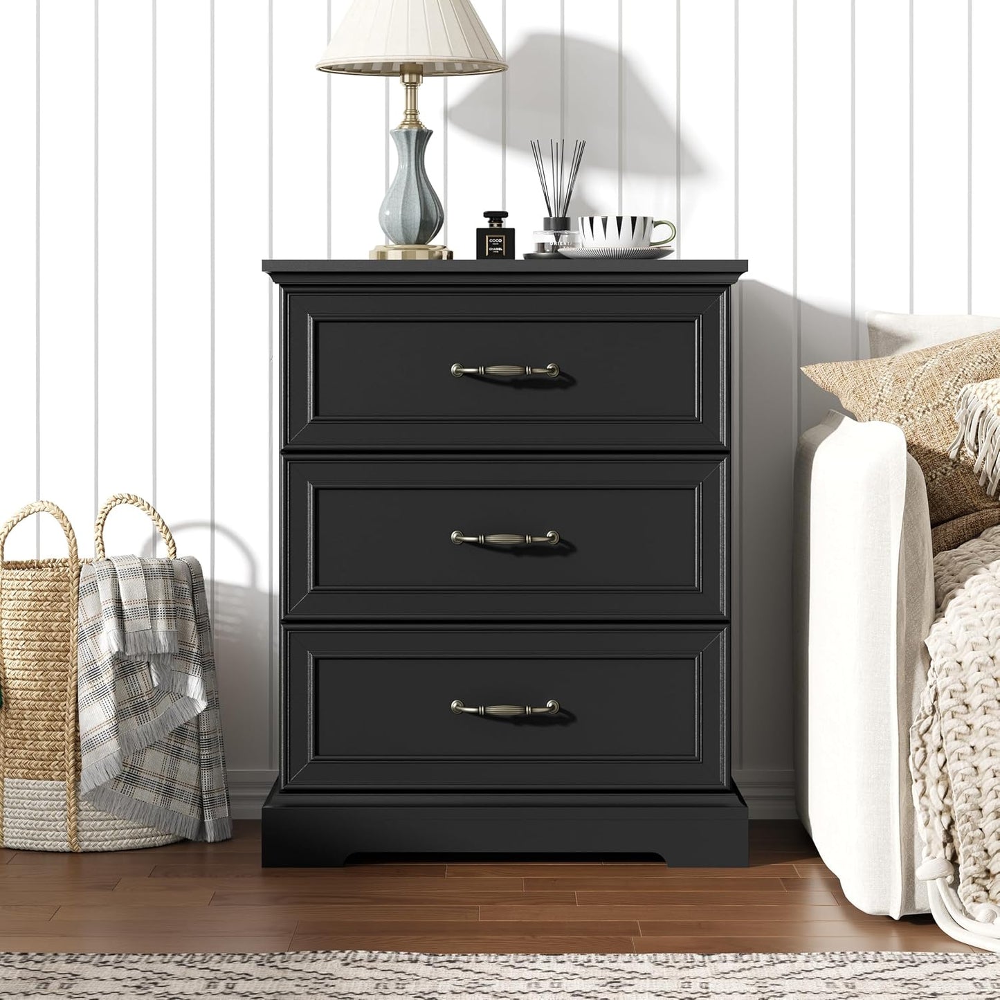 White Farmhouse Nightstand with 3 Drawers Wide Bedside Storage Table