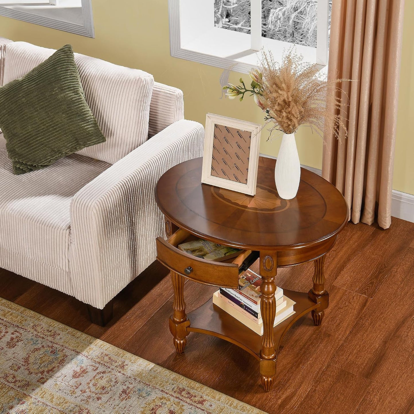 Solid Wood Oval End Table with Drawer and Lower Storage Shelf