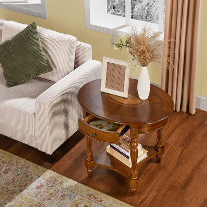Solid Wood Oval End Table with Drawer and Lower Storage Shelf