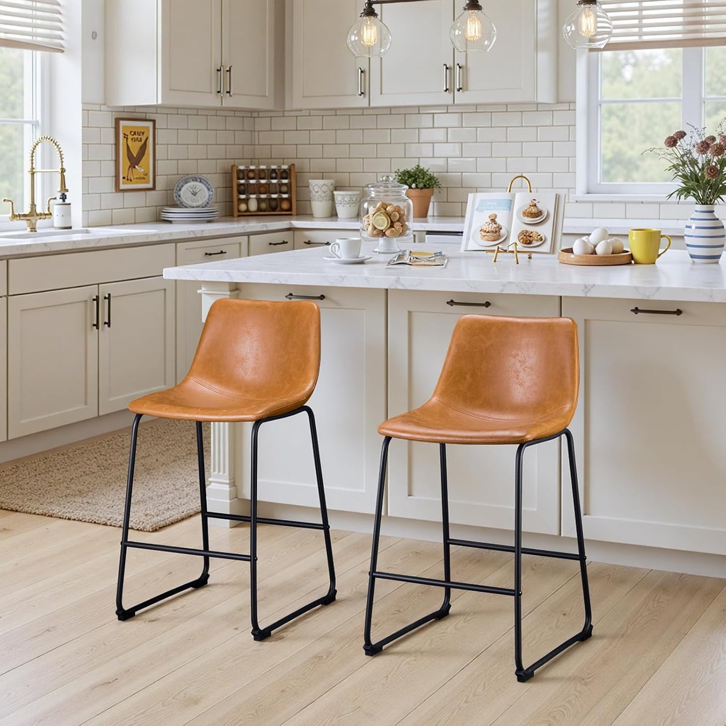 Brown Counter Height Bar Stools Set of 2 Upholstered Kitchen Chairs