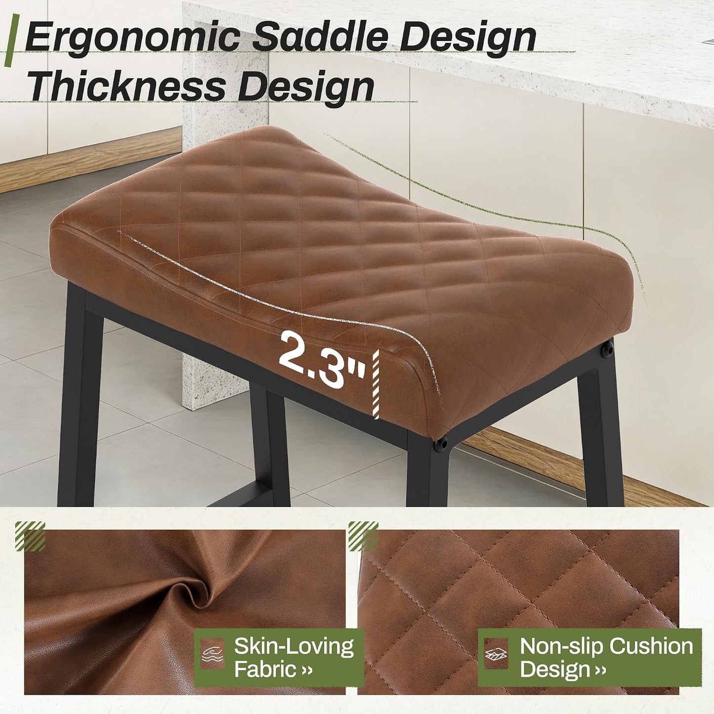 24 Inch Counter Height Bar Stools Set of 3 Brown Saddle Seats Black Metal Frame