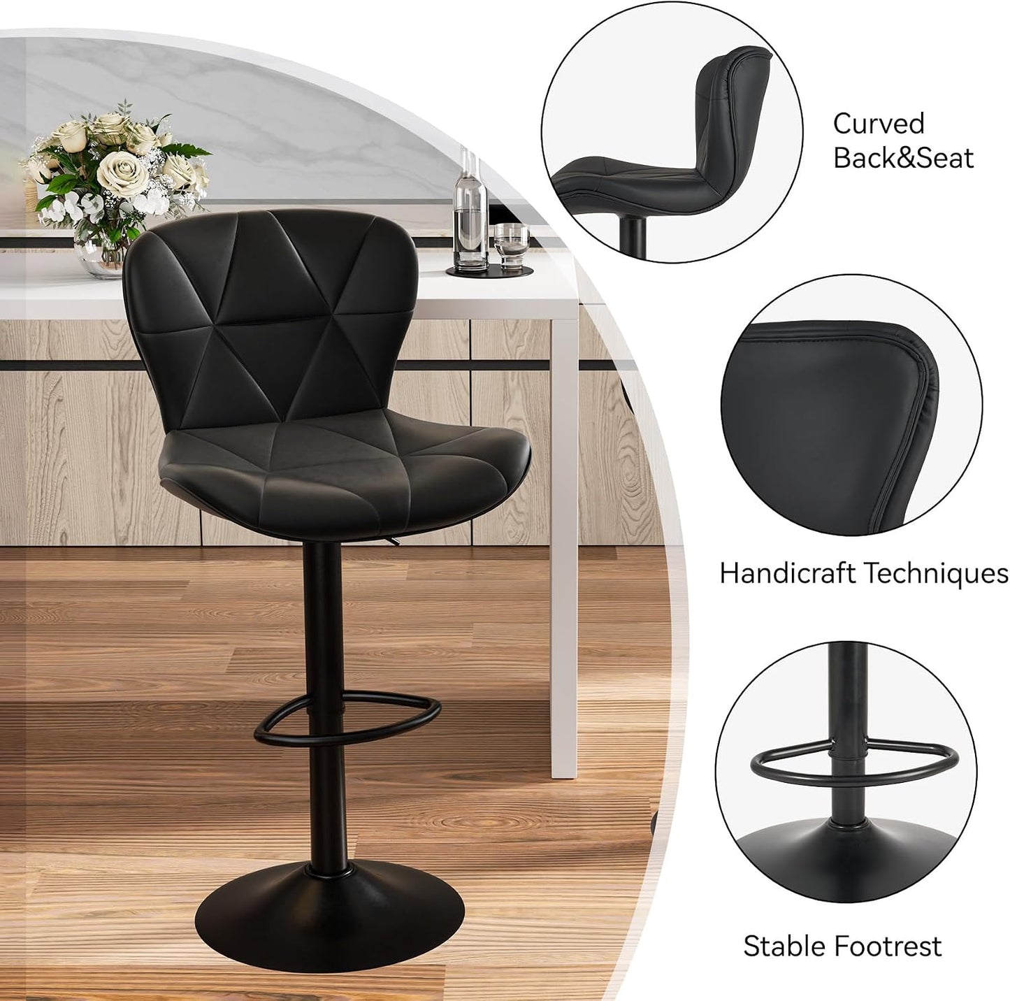 Black Swivel Bar Stools Set of 2 Adjustable Faux Leather Kitchen Chairs