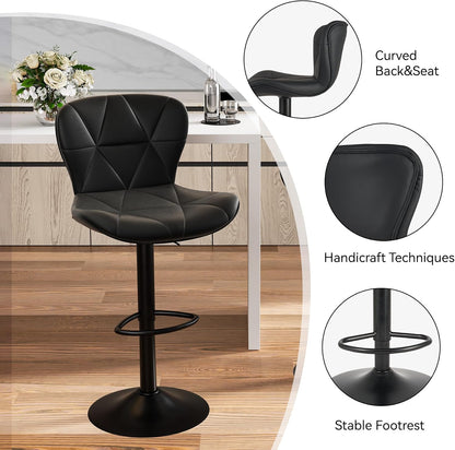 Black Swivel Bar Stools Set of 2 Adjustable Faux Leather Kitchen Chairs