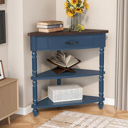 Wood Triangle Corner Table with Drawer and 2 Storage Shelves Navy Blue