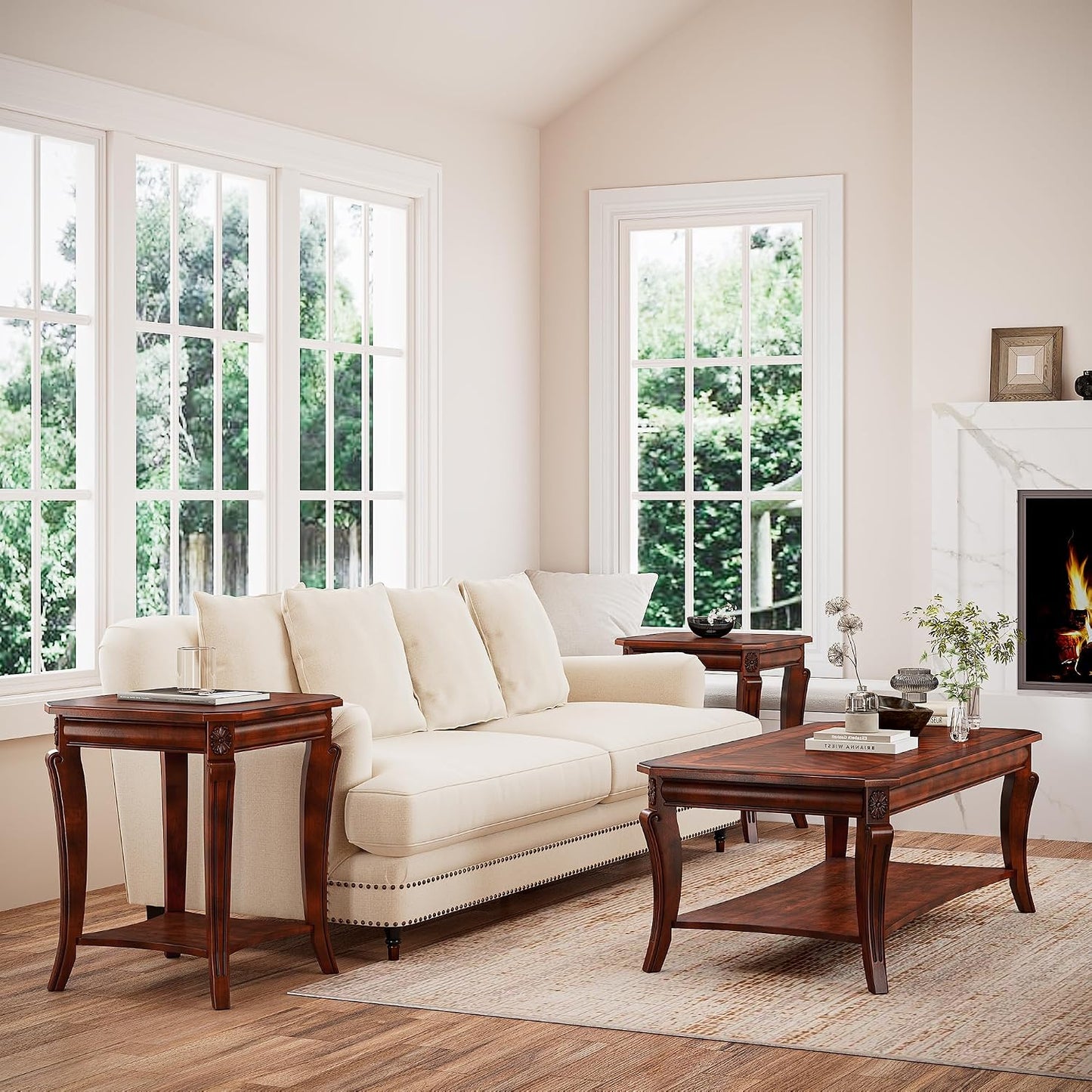 Solid Wood Coffee Table Cherry Brown with Storage Shelf Traditional Farmhouse Table