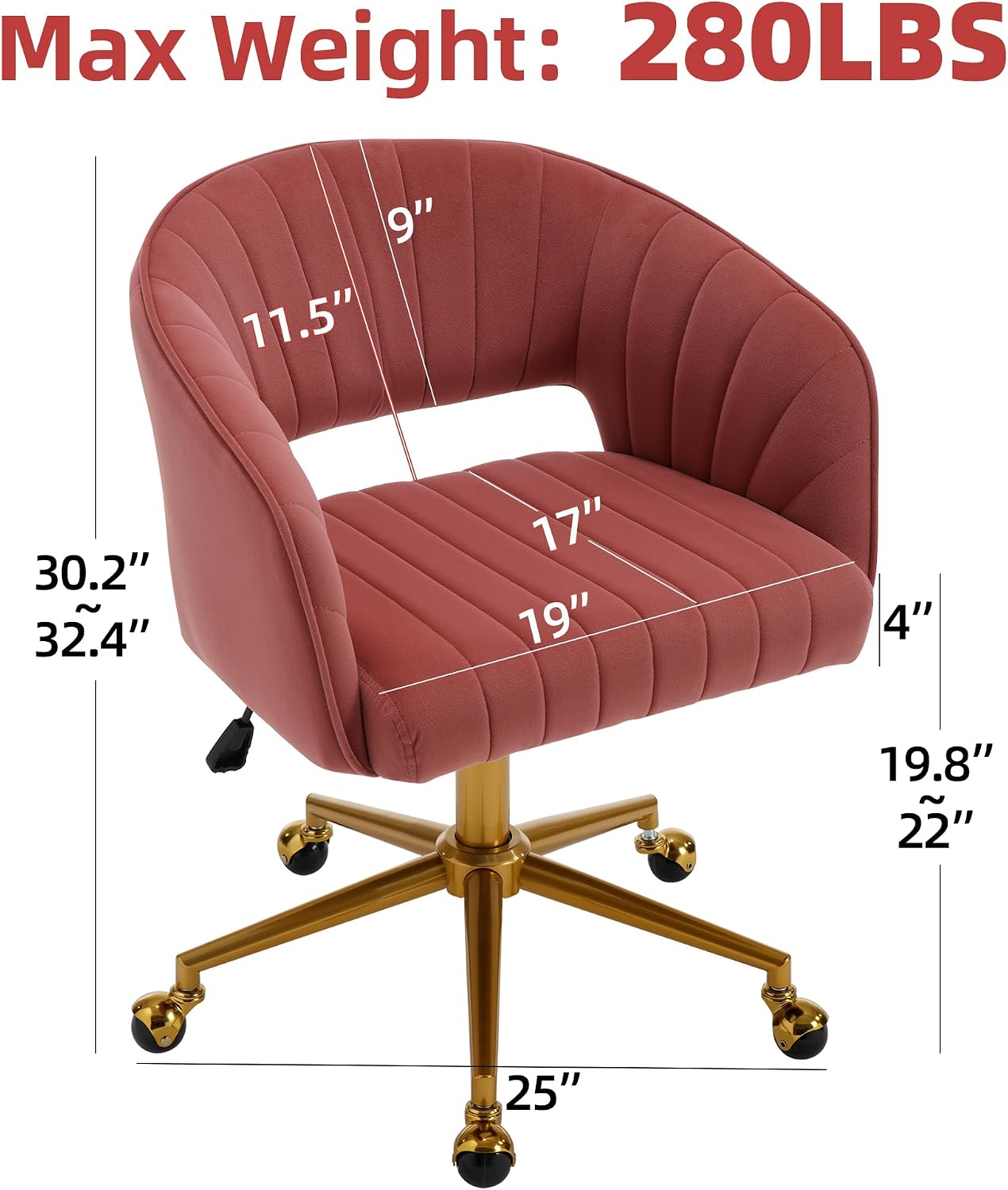 Red Velvet Swivel Desk Chair Adjustable Vanity Chair with Gold Base and Wheels