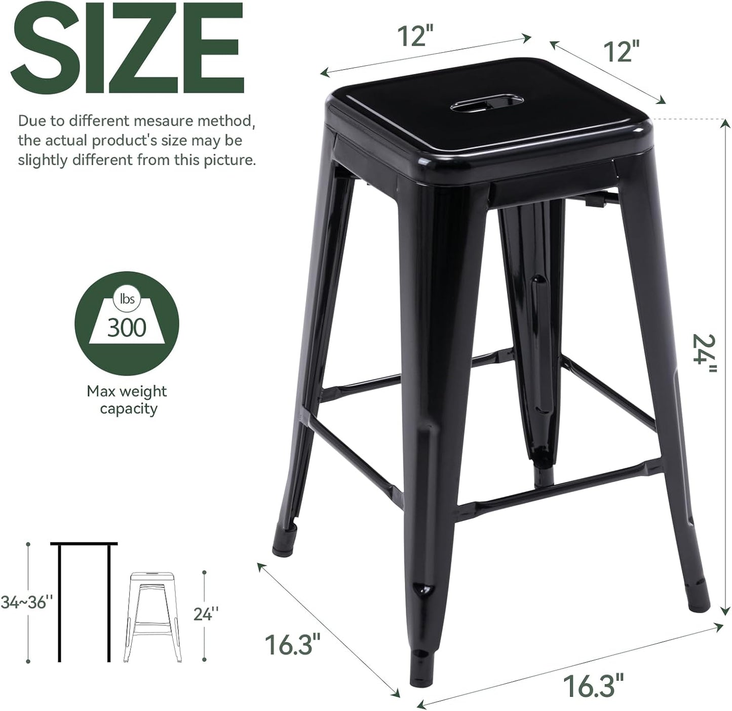Black Metal Bar Stools Set of 2 Stackable Industrial Counter Height Seats