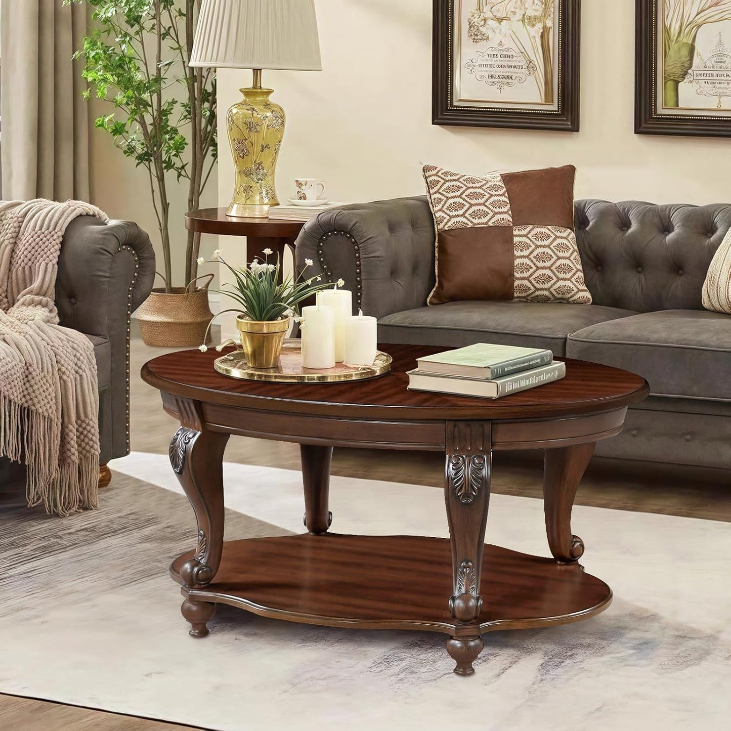 Oval Coffee Table with Storage Victorian Carved Wood 2 Tier Living Room Table