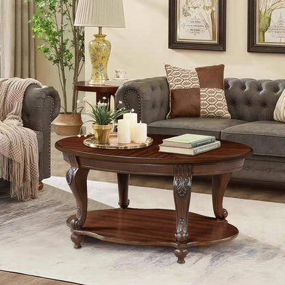Oval Coffee Table with Storage Victorian Carved Wood 2 Tier Living Room Table