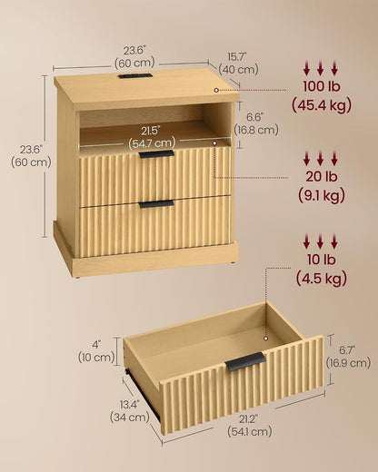 Modern Oak Beige Nightstand with Charging Station – 2-Drawer Fluted Bedside Table
