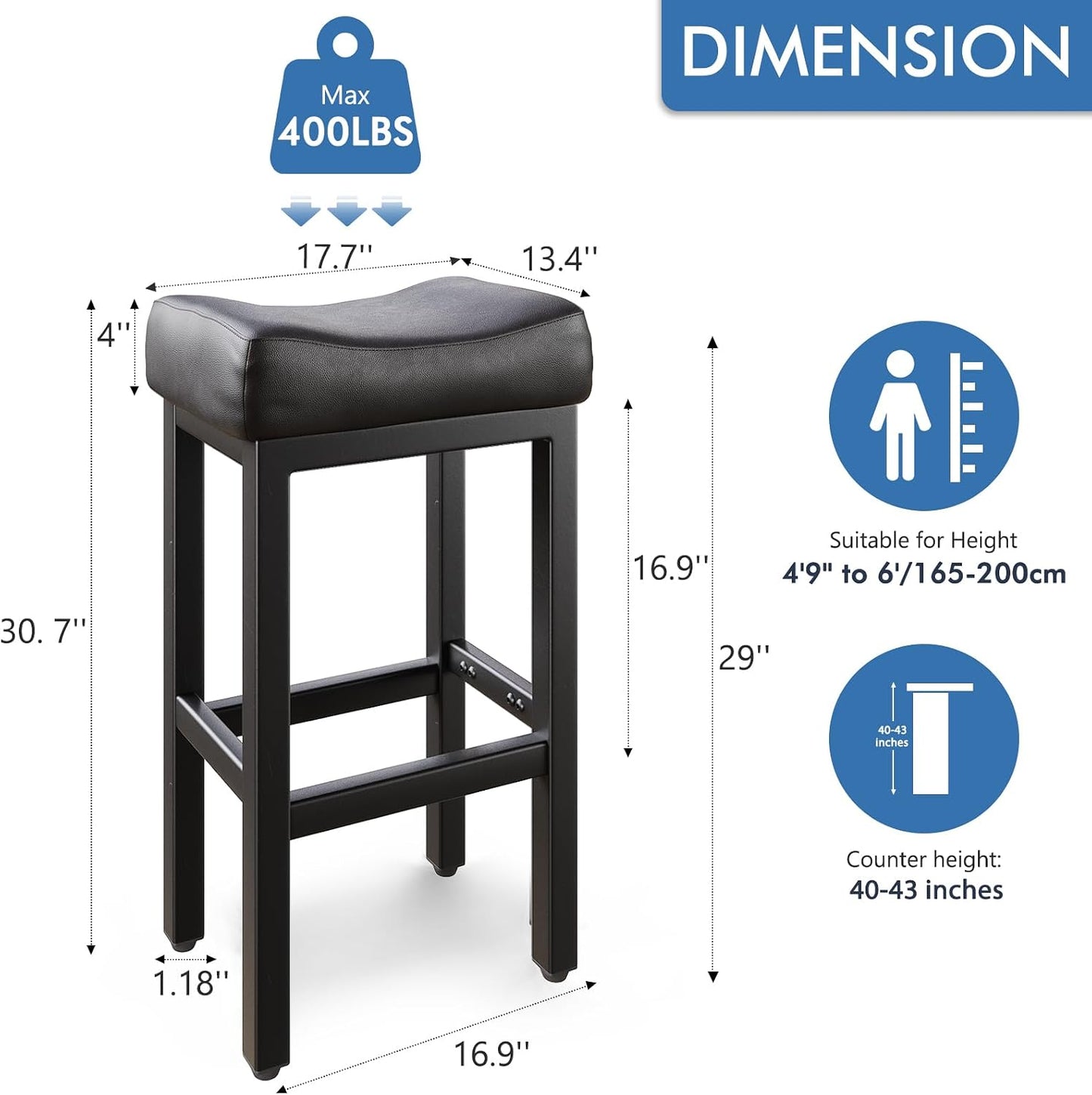 Black Bar Height Stools Set of 2 Upholstered Saddle Kitchen Seats