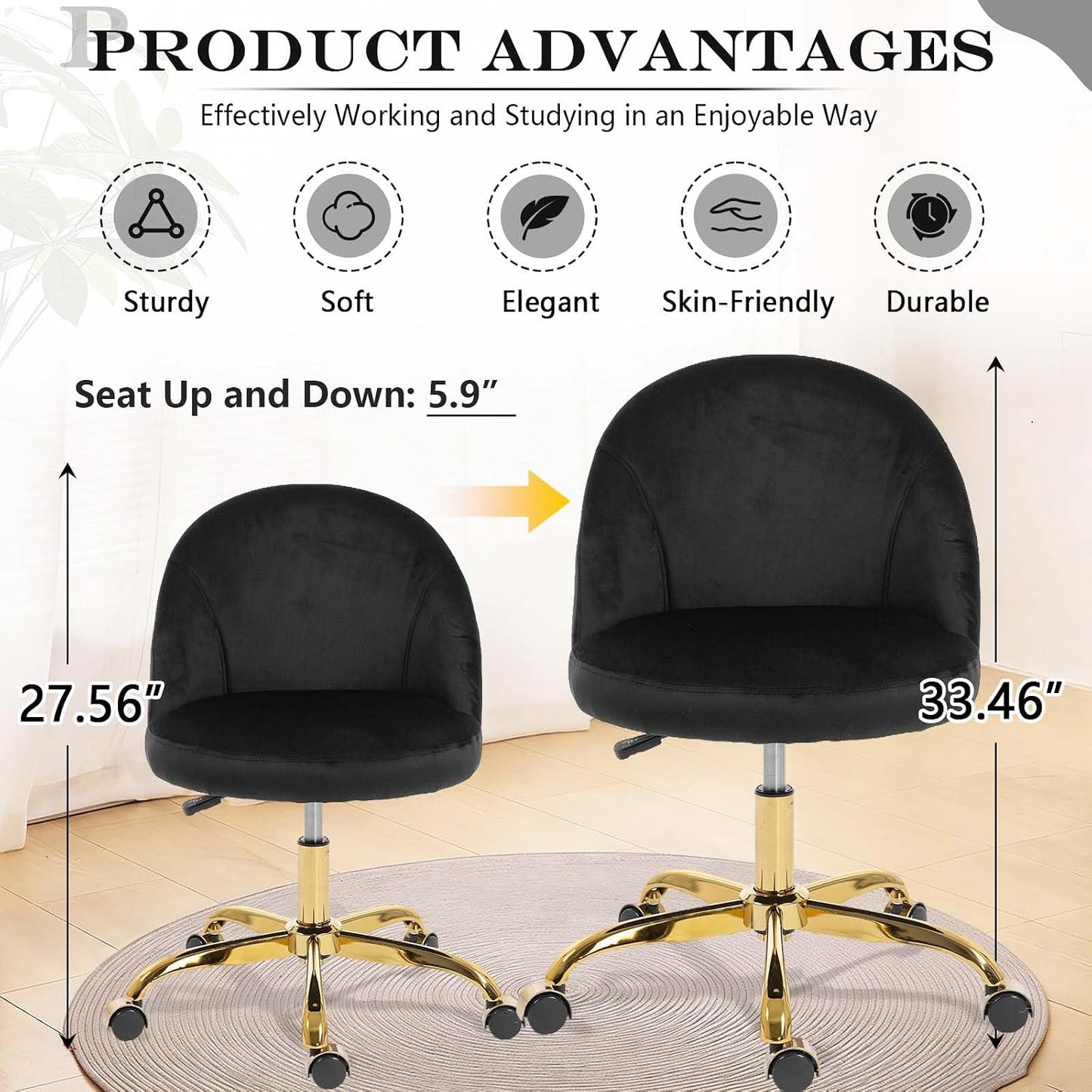 Black Velvet Vanity Chair Gold Base Adjustable Swivel Rolling Desk Chair