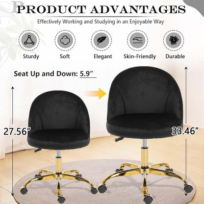 Black Velvet Vanity Chair Gold Base Adjustable Swivel Rolling Desk Chair