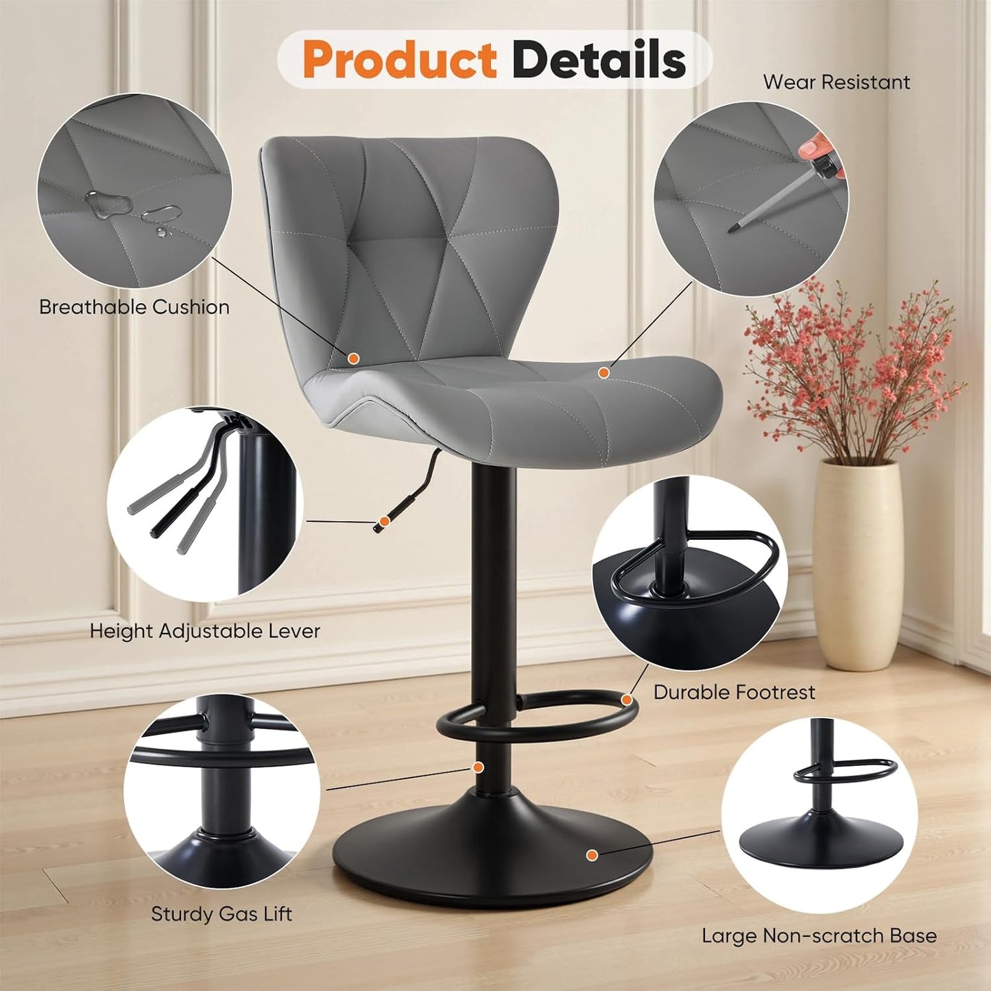 Adjustable Swivel Bar Stools Set of 2 Upholstered Kitchen Island Chairs