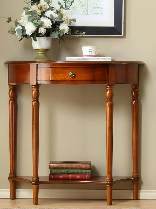 Solid Wood Half Moon Console Table with Drawer Cherry Wood Entryway Table