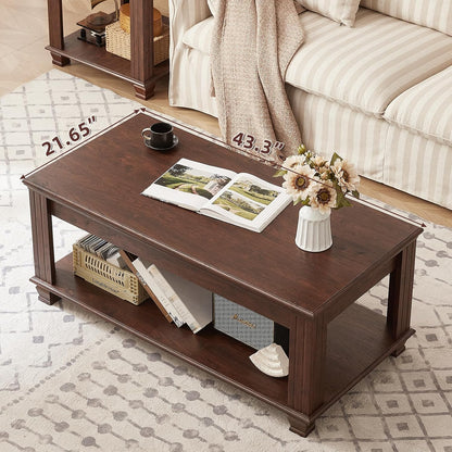 Farmhouse Walnut Coffee Table with Open Storage Shelf Rustic Wood Center Table