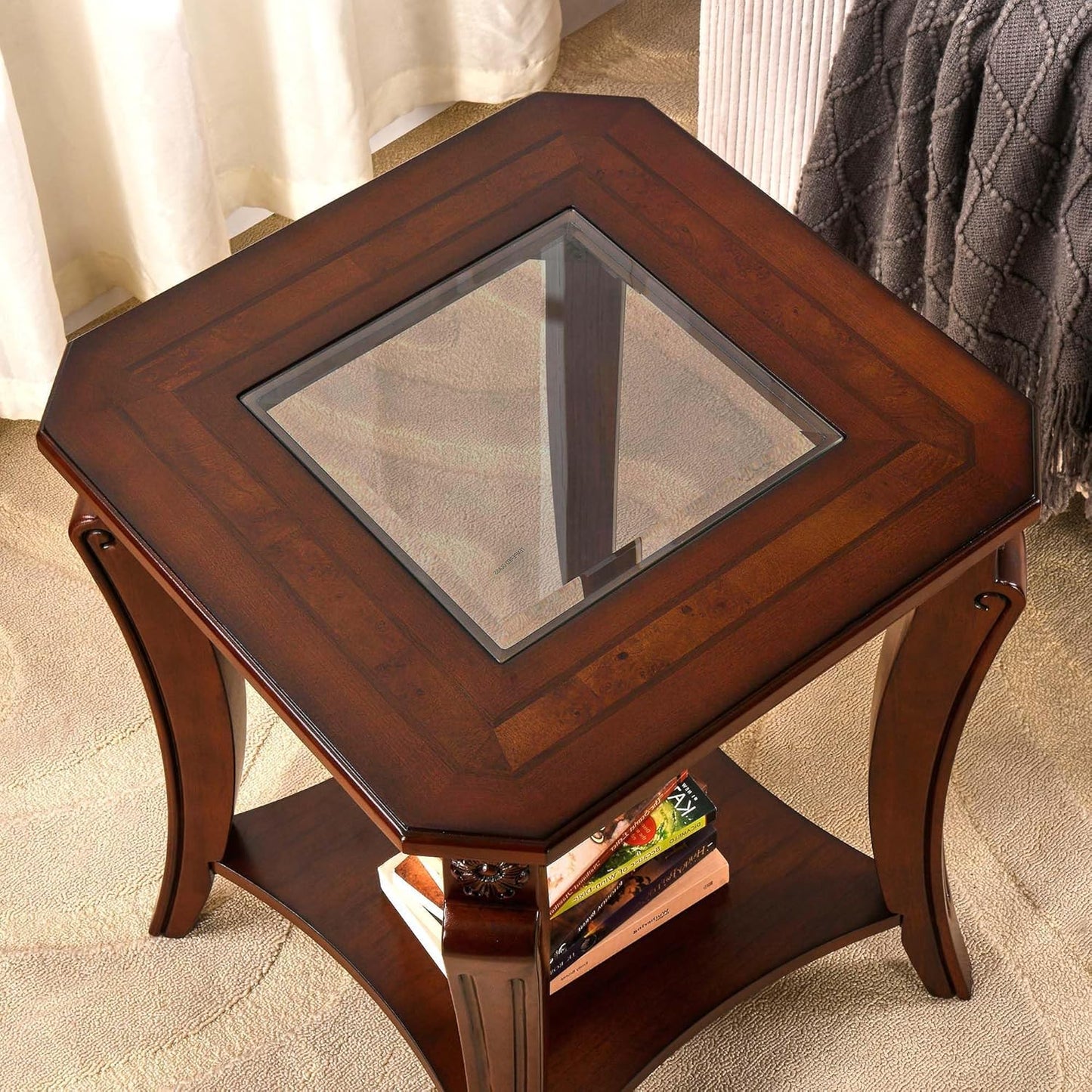 Solid Wood Square End Table with Glass Top and Storage Shelf