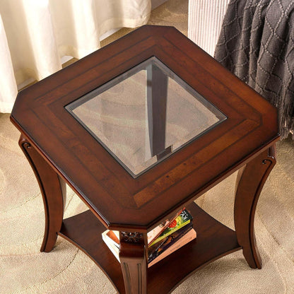 Solid Wood Square End Table with Glass Top and Storage Shelf