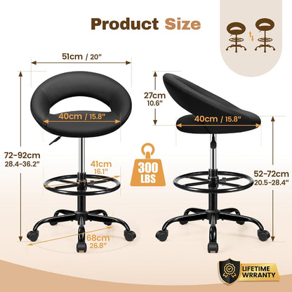 Adjustable Drafting Chair Black Faux Leather Swivel Counter Stool with Wheels