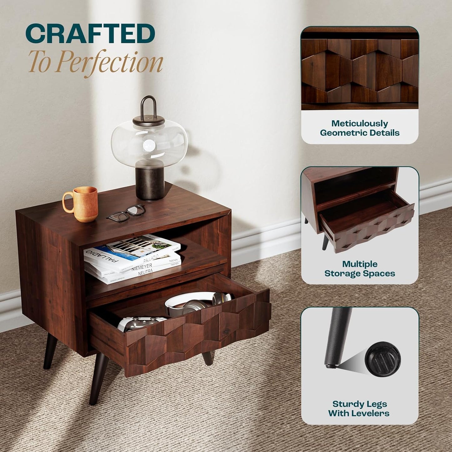 Solid Acacia Wood Geometric Nightstand with Drawer & Open Shelf