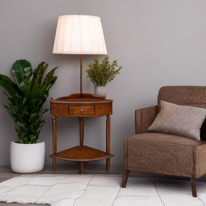 Solid Wood Corner End Table with Drawer Pecan Wedge Accent Table