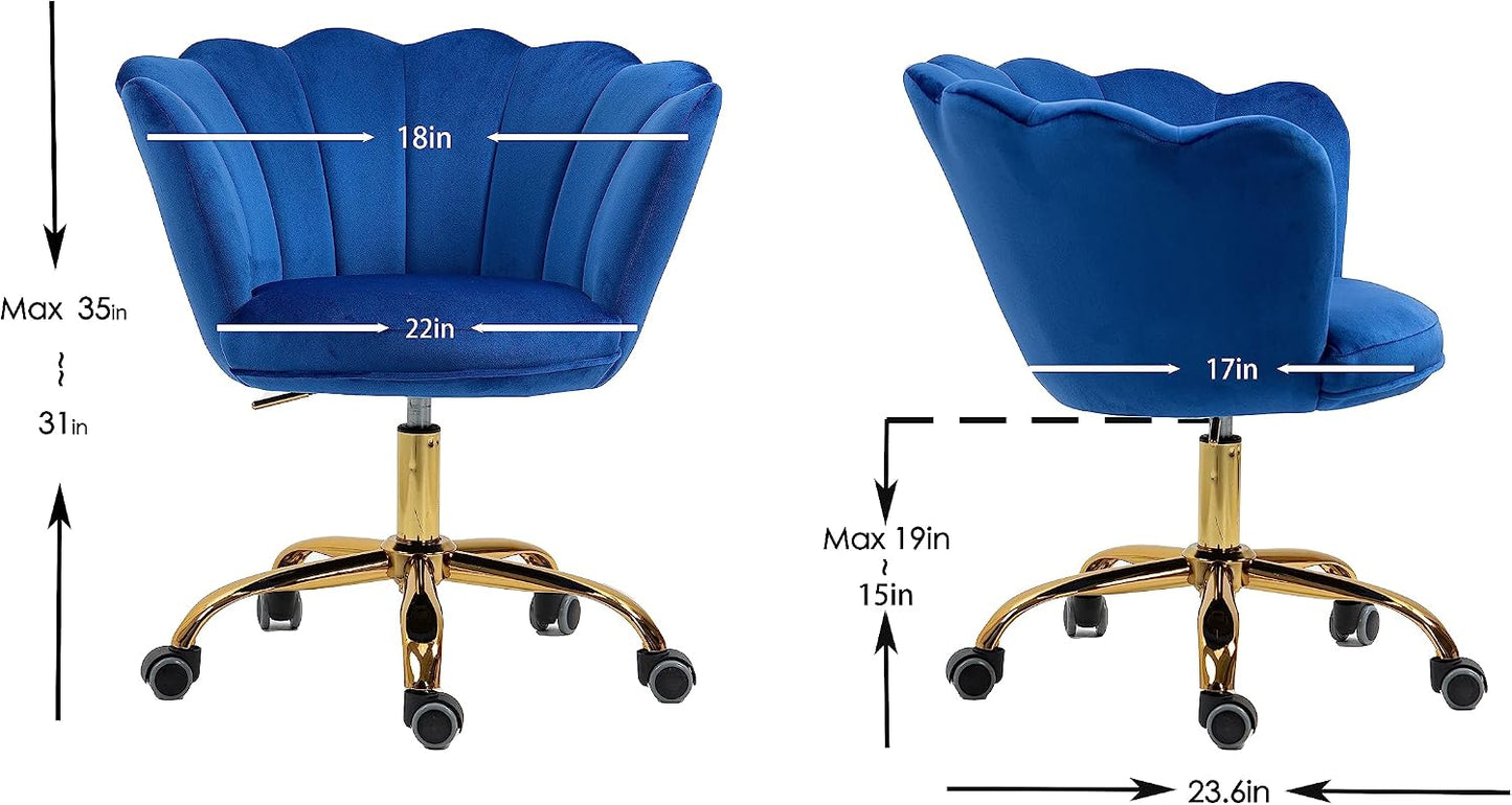 Blue Velvet Office Chair Adjustable Swivel Vanity Chair with Gold Base