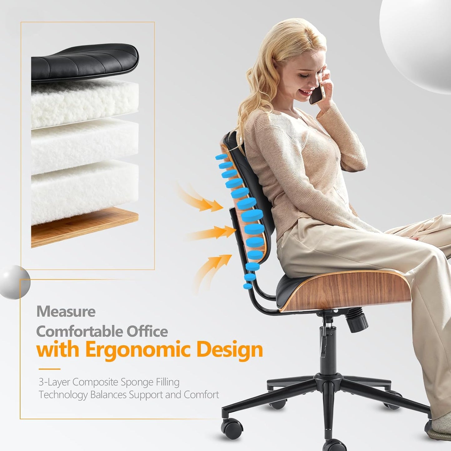 Walnut Office Chair Black PU Leather Adjustable Swivel Rolling Desk Chair