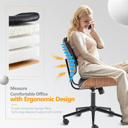Walnut Office Chair Black PU Leather Adjustable Swivel Rolling Desk Chair