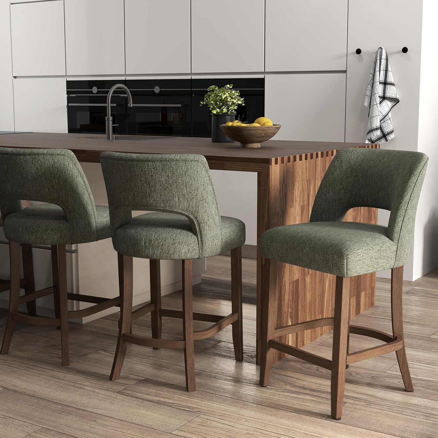 26 Inch Green Upholstered Counter Height Bar Stools Rubberwood Set of 2