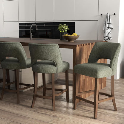 26 Inch Green Upholstered Counter Height Bar Stools Rubberwood Set of 2