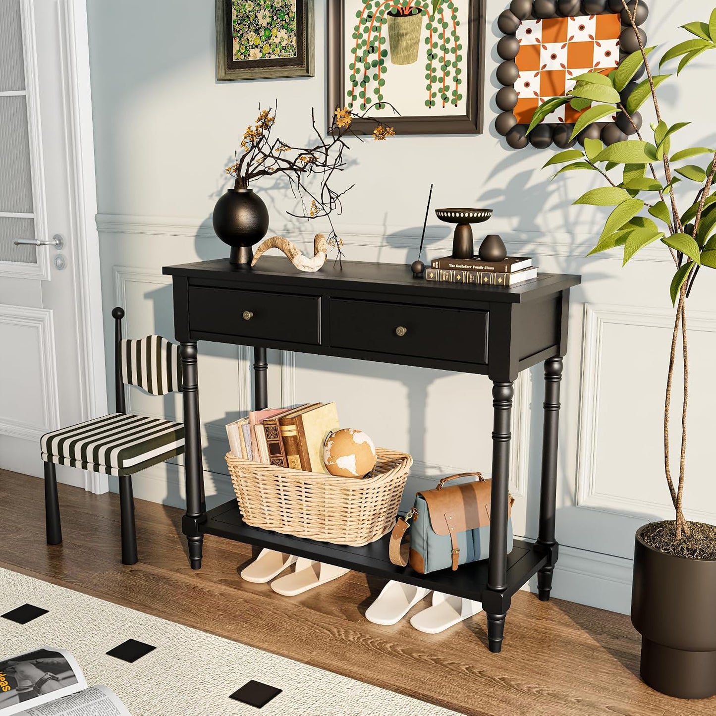 Solid Wood Console Table with 2 Drawers Black Narrow Entryway Table