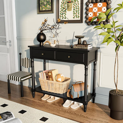 Solid Wood Console Table with 2 Drawers Black Narrow Entryway Table