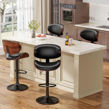 Adjustable Swivel Bar Stool Black PU Leather Walnut Bentwood Counter Chair