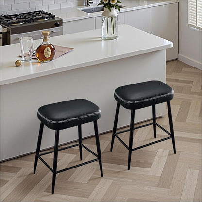 Black Counter Height Bar Stools Set of 2 Upholstered Saddle Seats