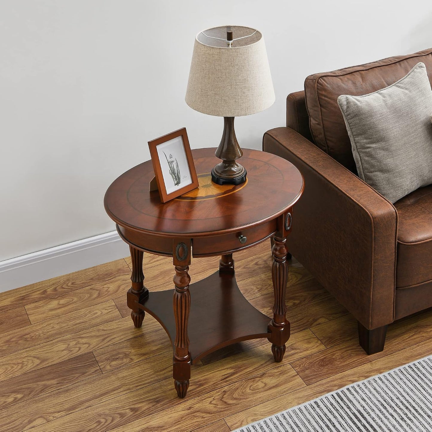 Solid Wood Oval End Table Cherry Walnut with Drawer and Storage Shelf