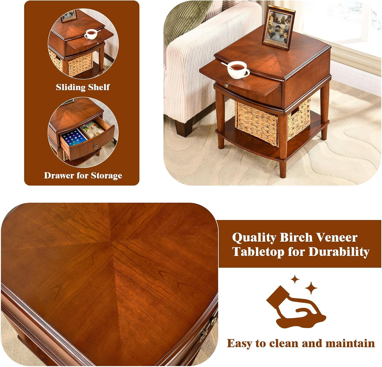 Solid Wood End Table with Drawer Pull Out Tray and Storage Shelf