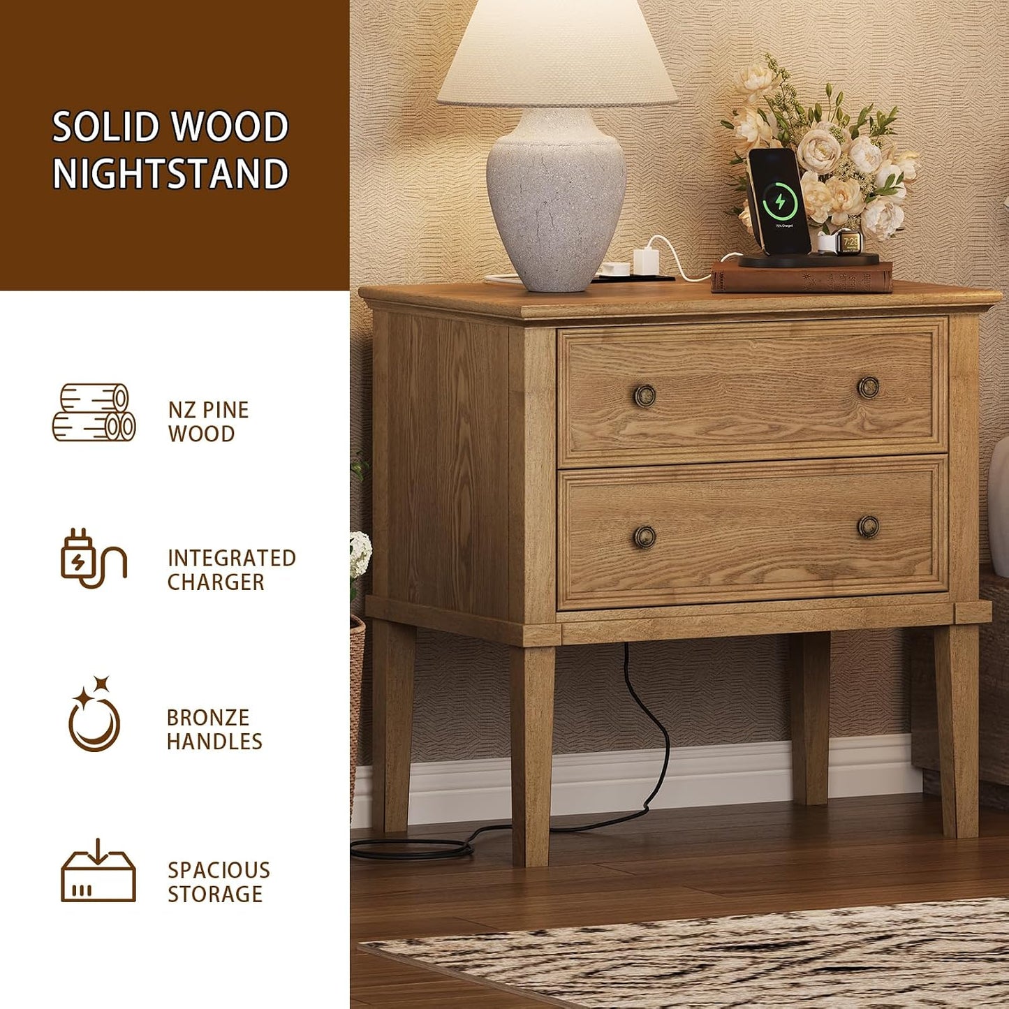 Solid Wood 2-Drawer Nightstand with Charging Station – Teak Farmhouse Bedside Table