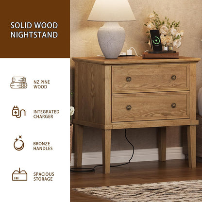 Solid Wood 2-Drawer Nightstand with Charging Station – Teak Farmhouse Bedside Table