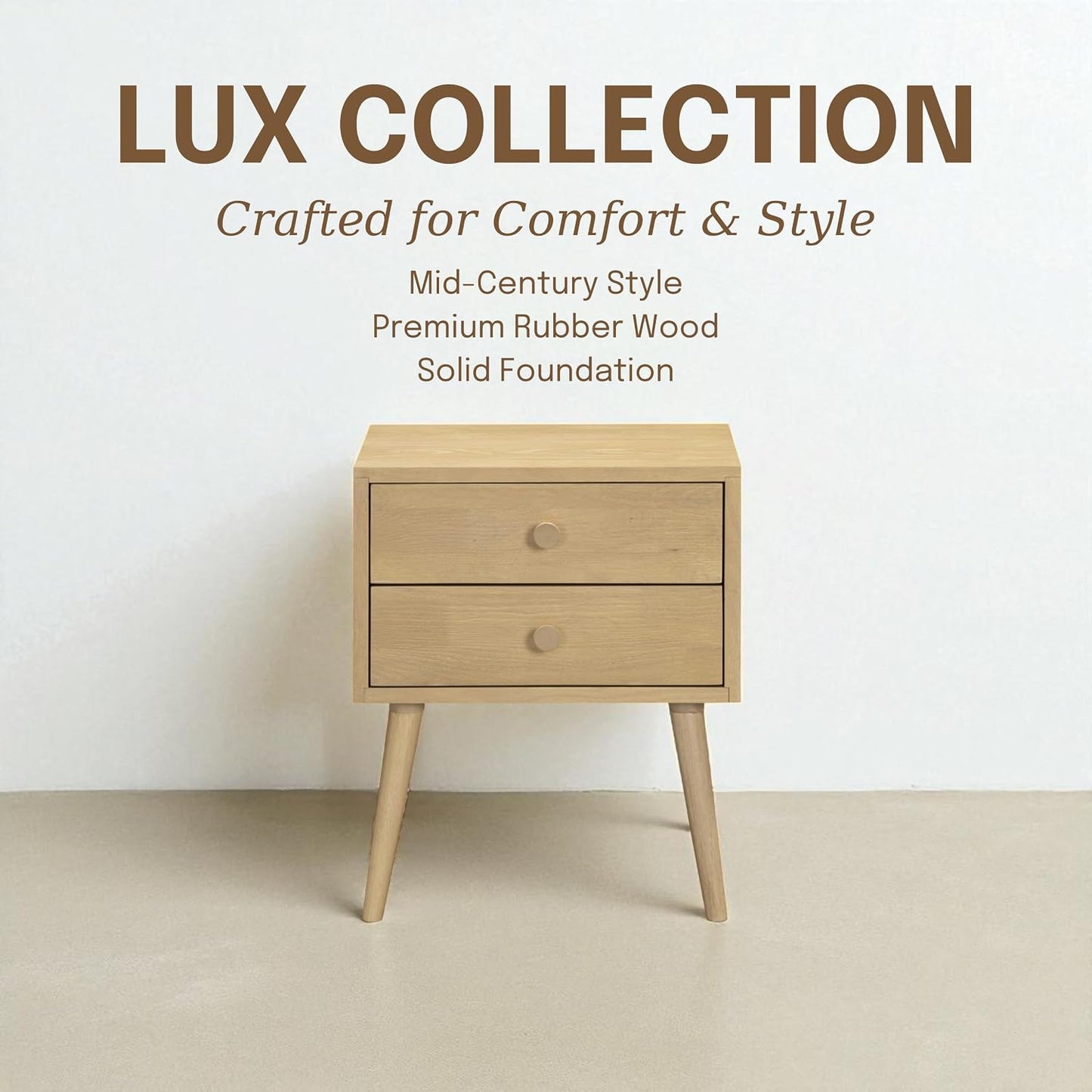 Solid Rubberwood 2-Drawer Nightstand – Sand Mid-Century Bedside Table