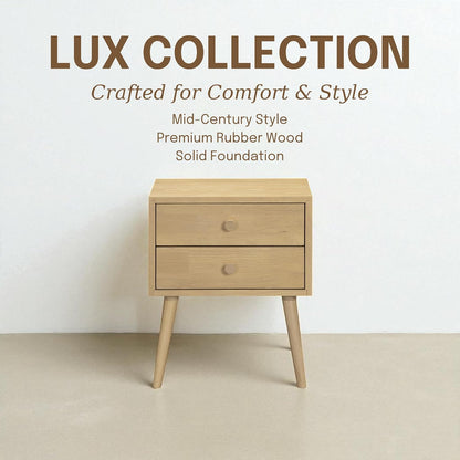 Solid Rubberwood 2-Drawer Nightstand – Sand Mid-Century Bedside Table