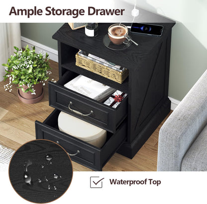 Farmhouse Nightstand with Charging Station 2 Drawers Off White Bedside Table
