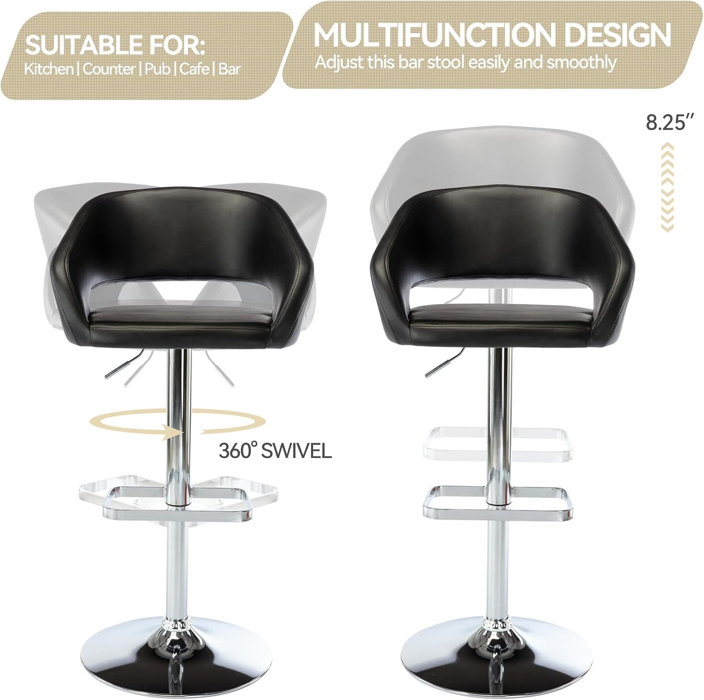 Black Adjustable Swivel Bar Stool Modern Faux Leather Counter Height Chair