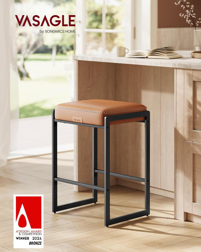 26 Inch Caramel Brown Counter Stool Upholstered Saddle Kitchen Bar Chair